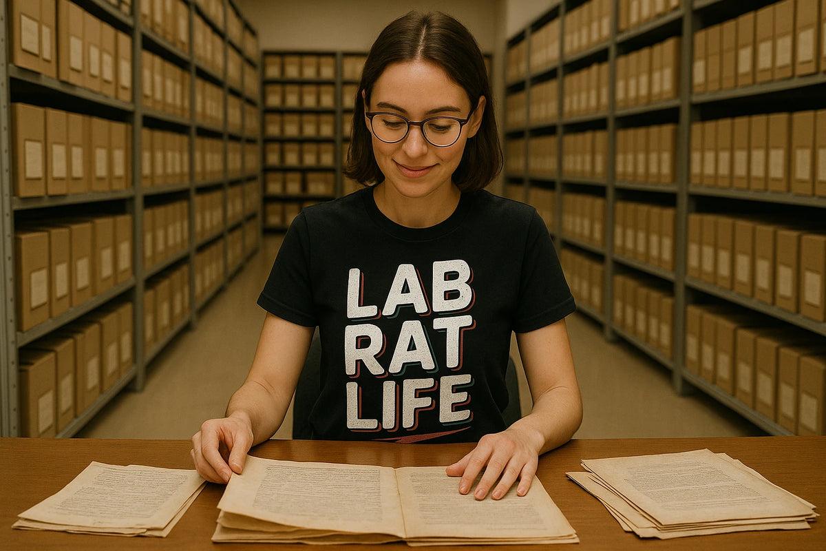 Lifestyle shot of the "Lab Rat Life" black studying t shirt in a real-world setting