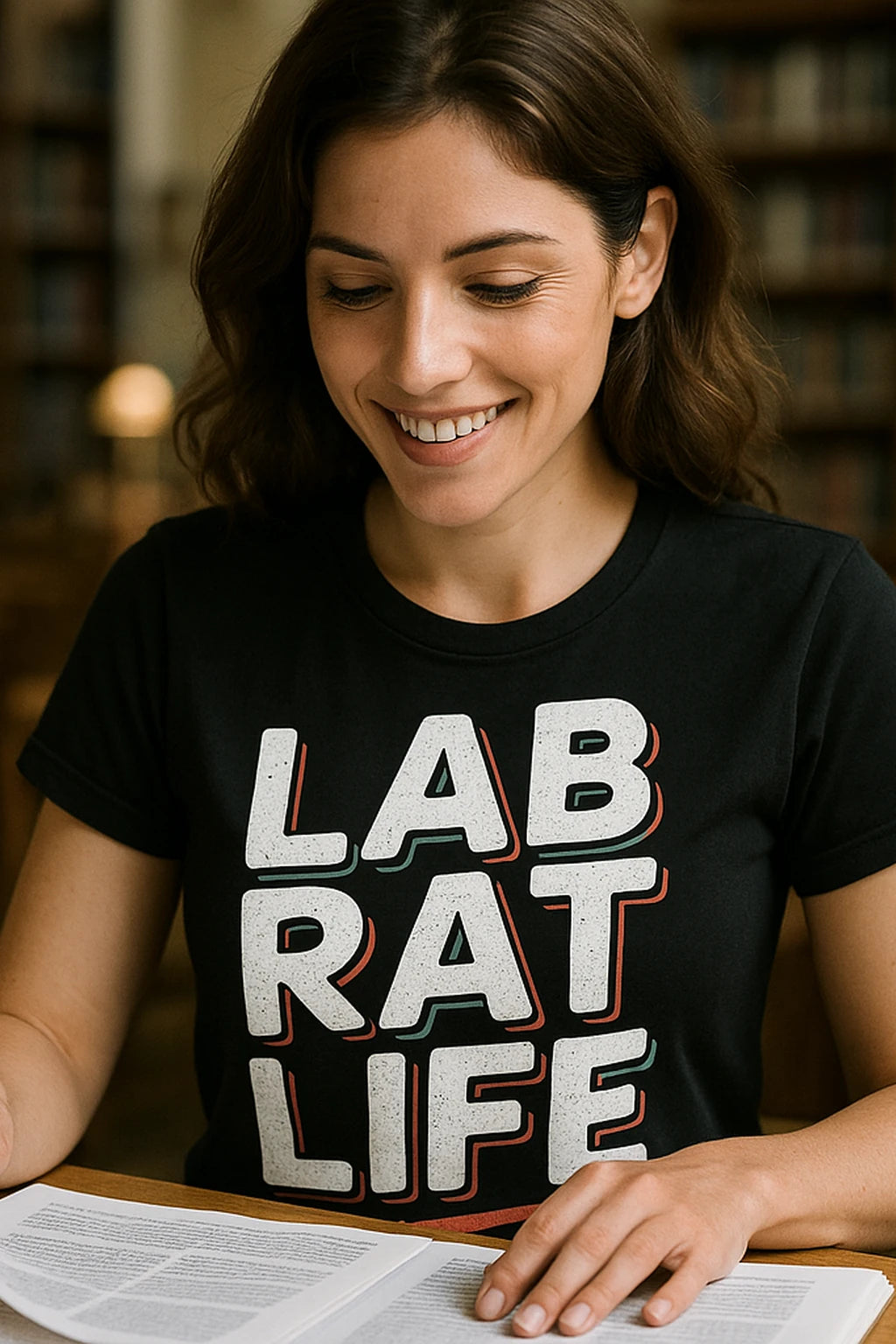 "Lab Rat Life" black studying t shirt, photographed as studying lover gift