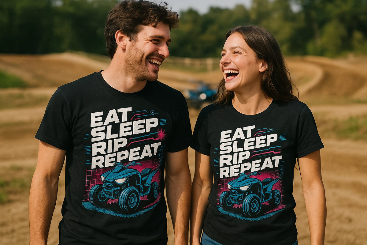 Person wearing the black atv riding shirts graphic tee - "Eat Sleep Rip Repeat" design