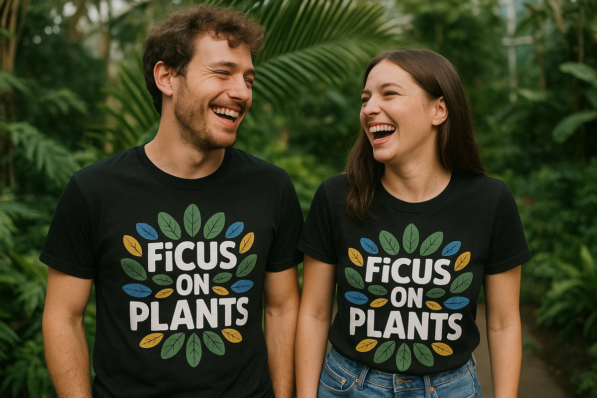 Person wearing the black t shirt printing botany graphic tee - "Ficus on Plants" design