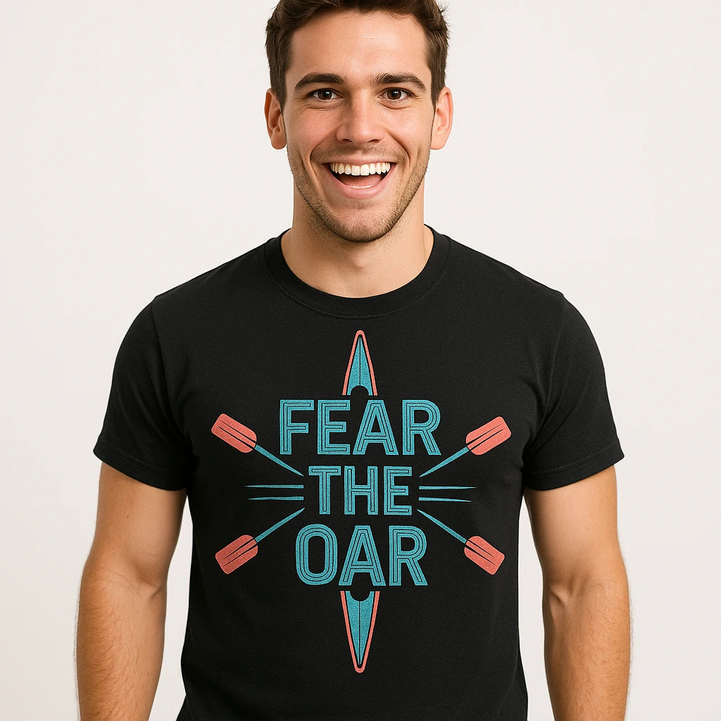 Close-up of the "Fear the Oar" teal print on a premium Bella+Canvas black rowback shirts