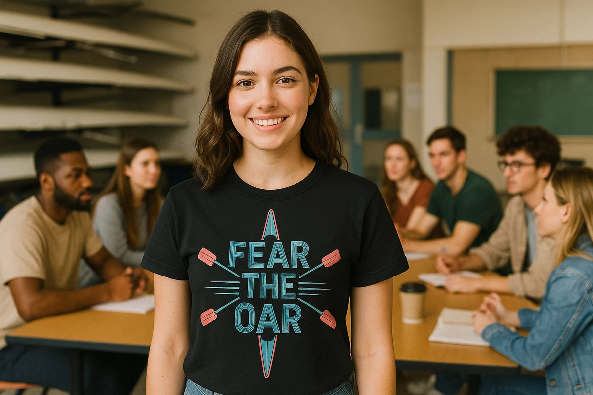 Lifestyle shot of the "Fear the Oar" black rowback shirts in a real-world setting
