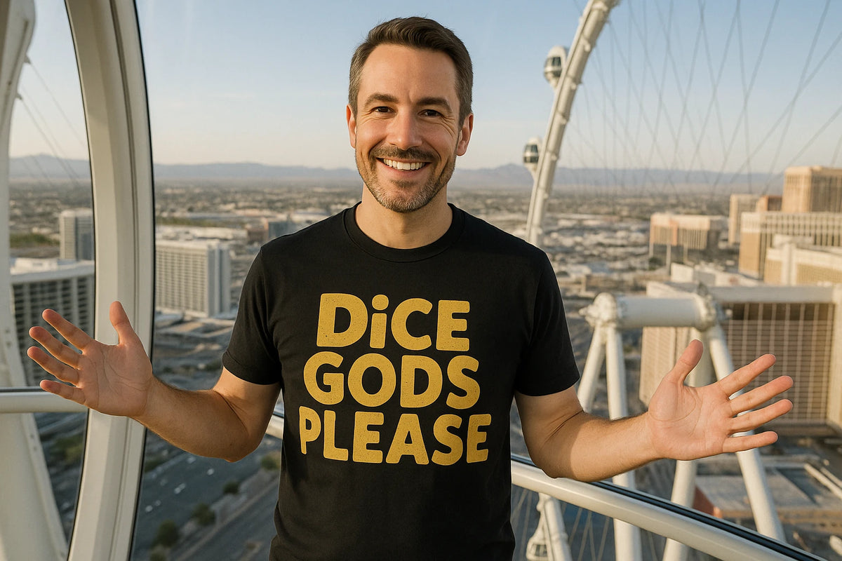 Lifestyle shot of the "Dice Gods Please" black las vegas nevada t shirt in a real-world setting