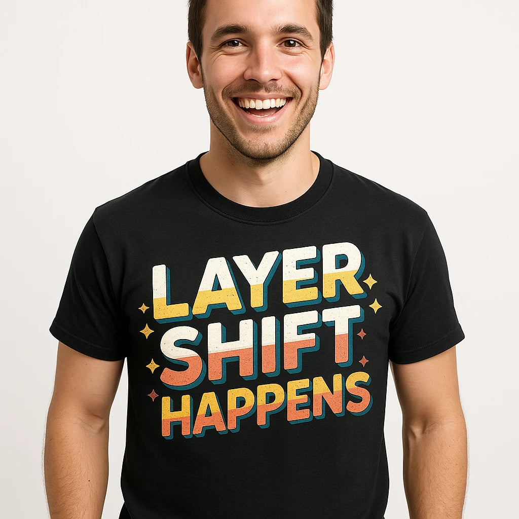 Close-up of the "Layer Shift Happens" gold print on a premium Bella+Canvas black 3d printing shirts