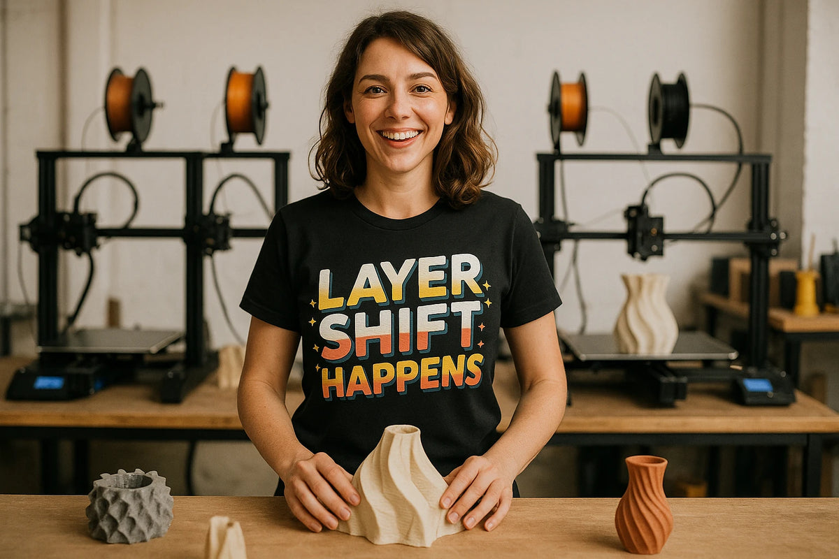 Lifestyle shot of the "Layer Shift Happens" black 3d printing shirts in a real-world setting