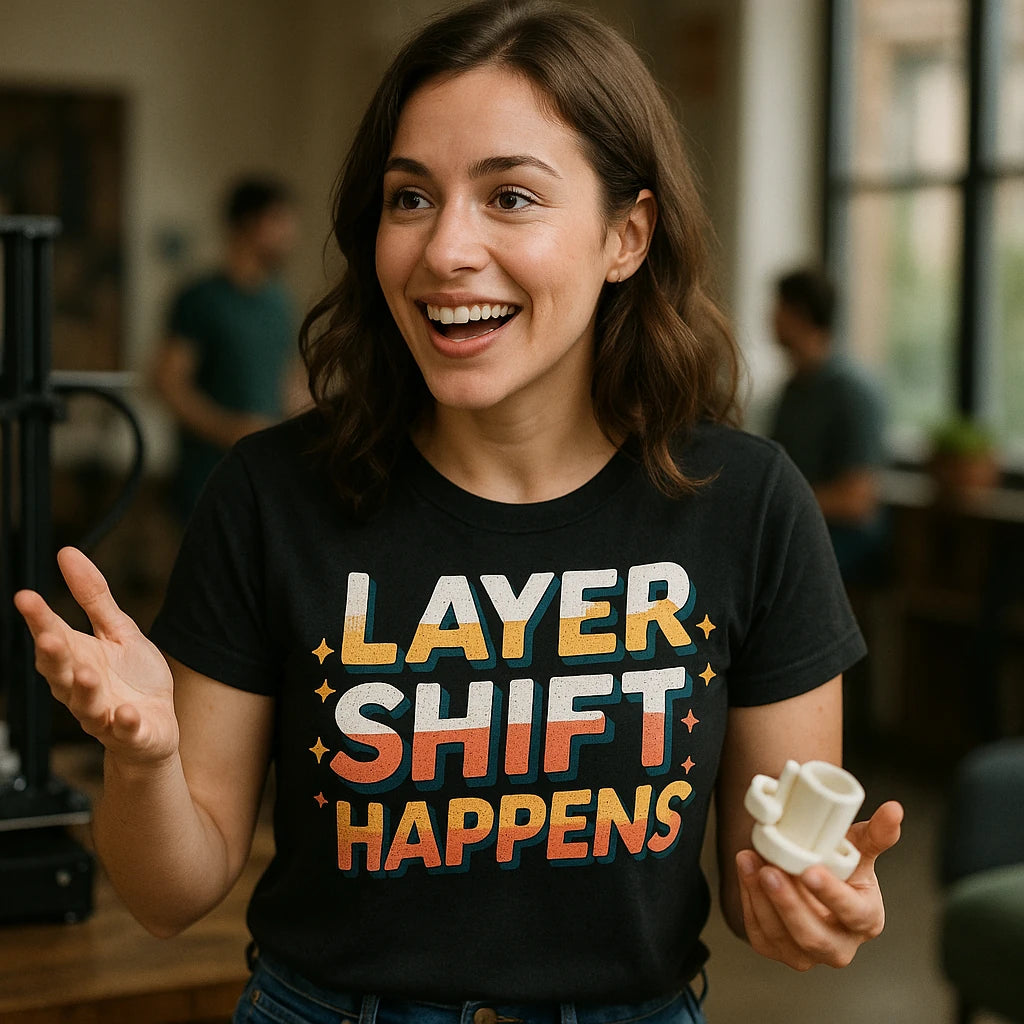 "Layer Shift Happens" black 3d printing shirts - also a 3d print gift box