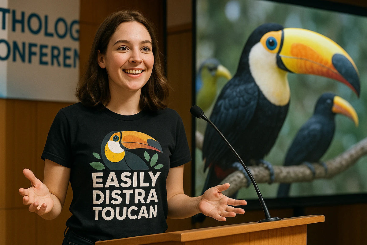 Lifestyle shot of the "Easily Distra Toucan" black toucan t shirt in a real-world setting