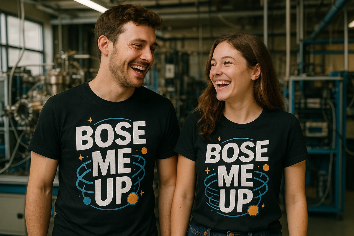 Person wearing the black quantum mechanics shirts graphic tee - "Bose Me Up" design