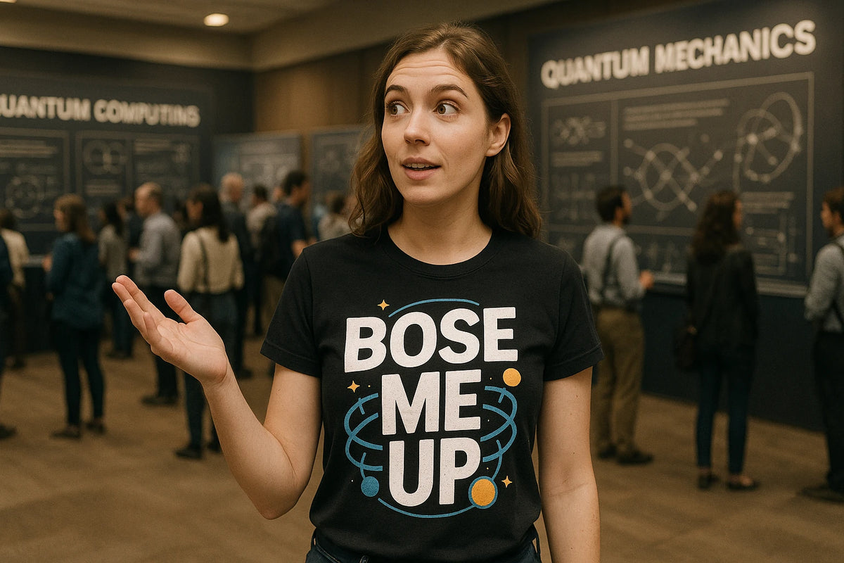 Lifestyle shot of the "Bose Me Up" black quantum mechanics shirts in a real-world setting