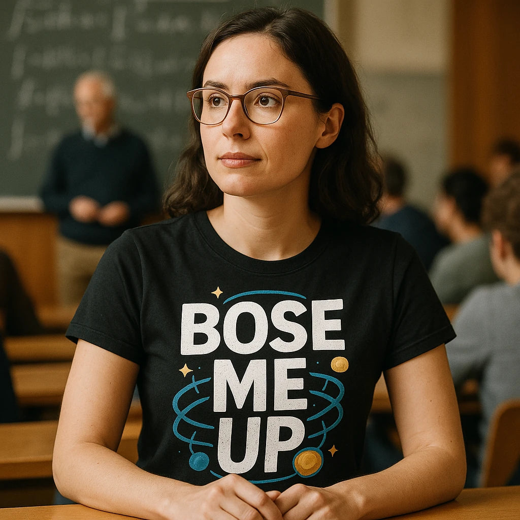 "Bose Me Up" black quantum mechanics shirts, photographed as quantum mechanics lover gift