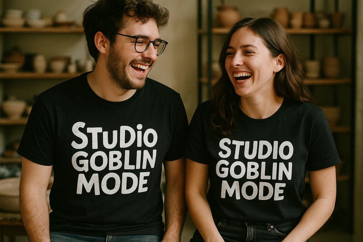 Person wearing the black online ceramics tee graphic tee - "Studio Goblin Mode" design