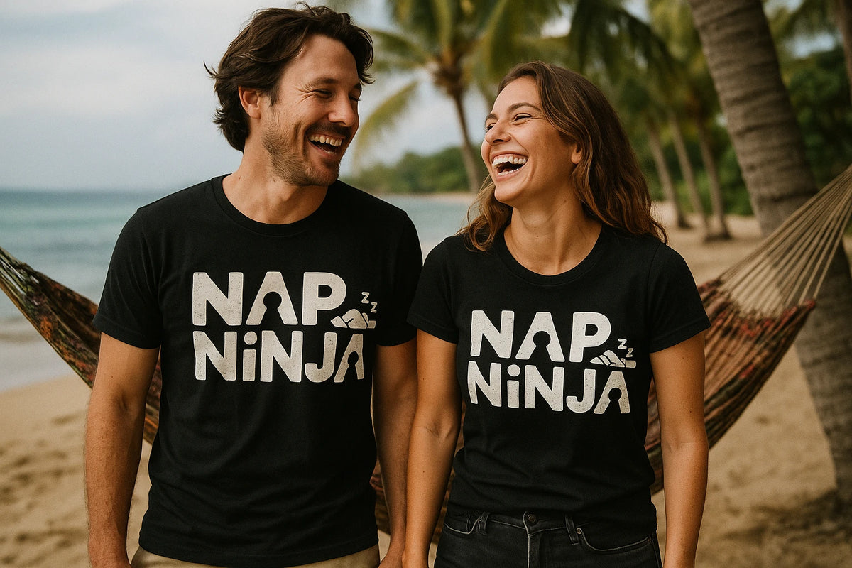 Person wearing the black relaxing t shirt graphic tee - "Nap Ninja" design