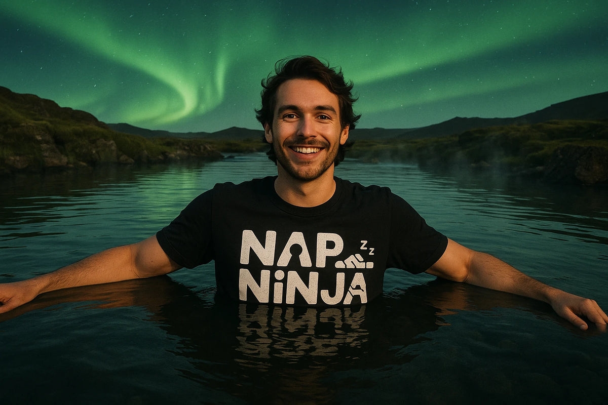 Lifestyle shot of the "Nap Ninja" black relaxing t shirt in a real-world setting