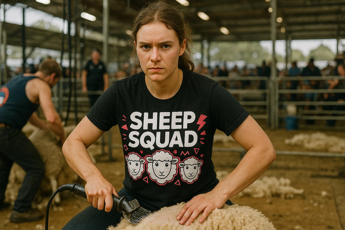 Lifestyle shot of the "Sheep Squad" black sheep t shirt in a real-world setting
