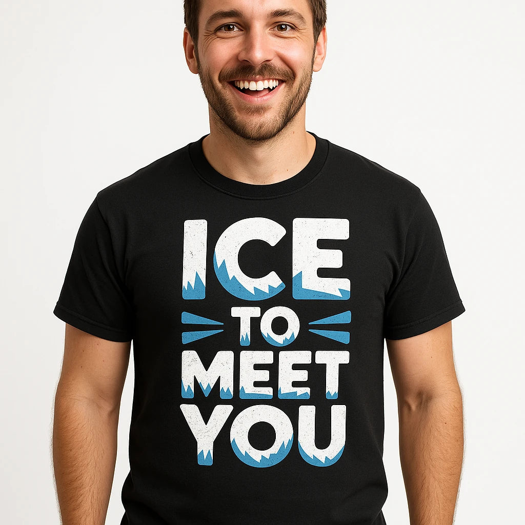 Close-up of the "Ice To Meet You" white print on a premium Bella+Canvas black polar bear t shirt