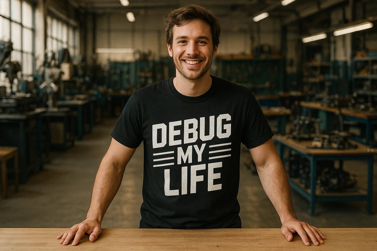 Lifestyle shot of the "Debug My Life" black engineer shirts in a real-world setting