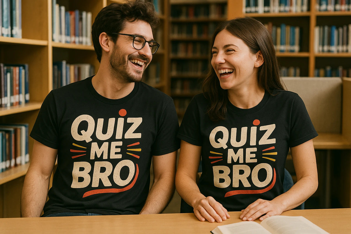 Person wearing the black studying t shirt graphic tee - "Quiz Me Bro" design