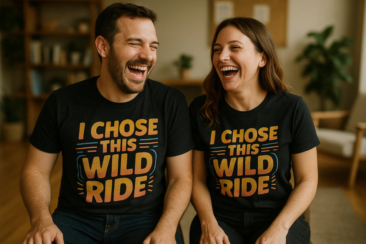 Person wearing the black relationships shirts graphic tee - "I Chose This Wild Ride" design