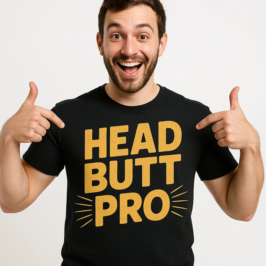 Close-up of the "Head Butt Pro" yellow print on a premium Bella+Canvas black shirts with goats on them