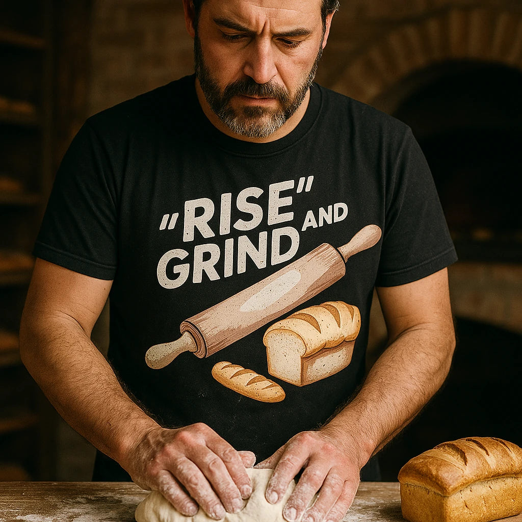 "Rise and Grind" black bakery shirts - also one of the gifts for bakers and cooks