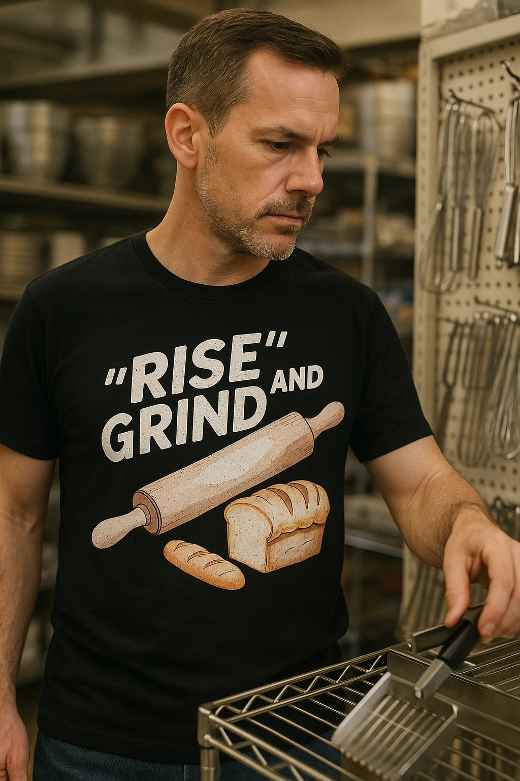 "Rise and Grind" black bakery shirts - also one of the presents for bread bakers