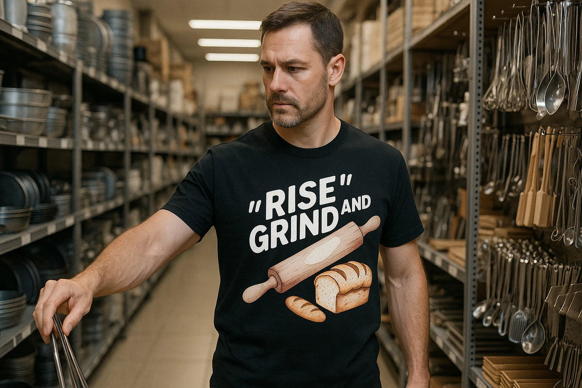 Lifestyle shot of the "Rise and Grind" black bakery shirts in a real-world setting