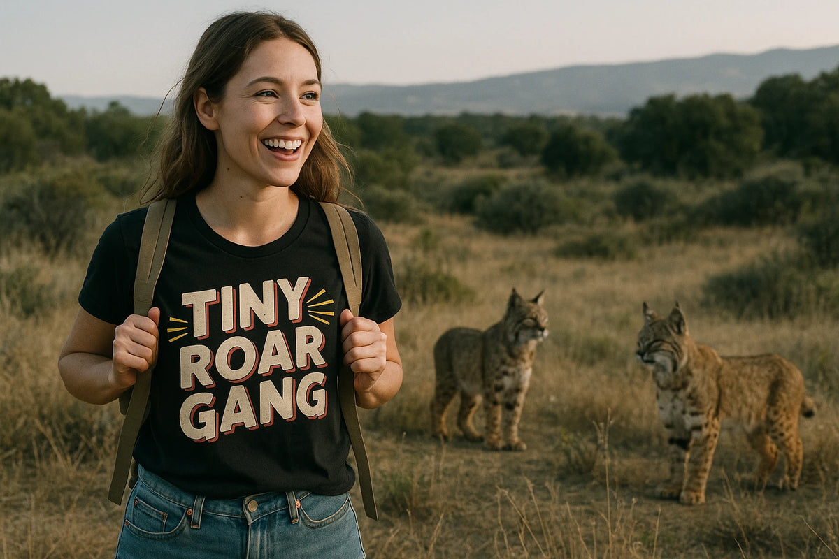 Lifestyle shot of the "Tiny Roar Gang" black bobcats t shirt in a real-world setting