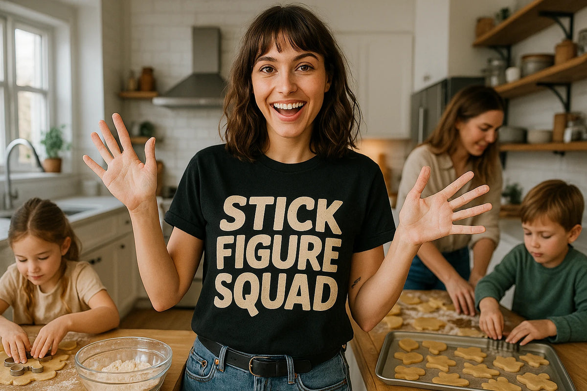 Lifestyle shot of the "Stick Figure Squad" black family life t shirt in a real-world setting