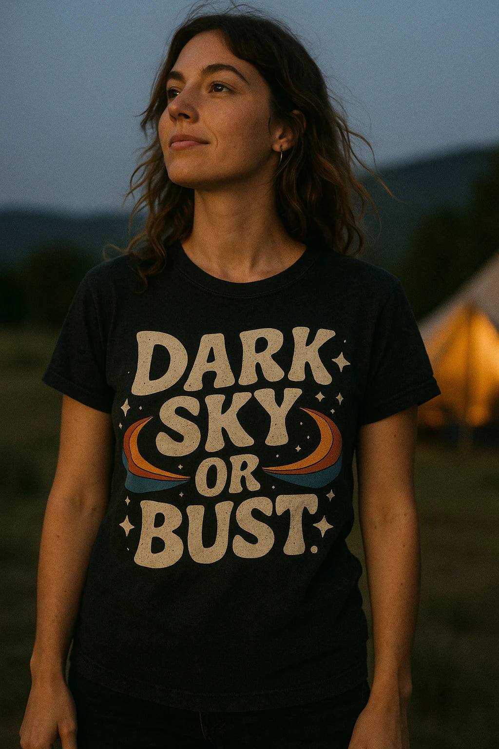 "Dark Sky Or Bust" black stargazing t shirt, photographed as gifts for stargazing lovers