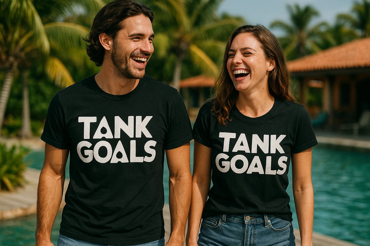 Person wearing the black scuba diving t shirt graphic tee - "Tank Goals" design
