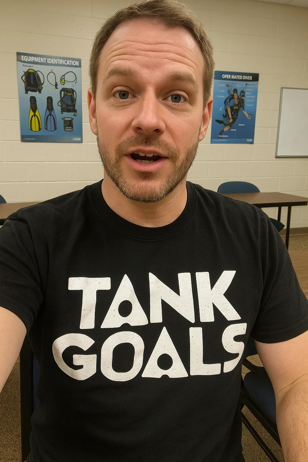 "Tank Goals" black scuba diving t shirt, photographed as scuba diving lover gift