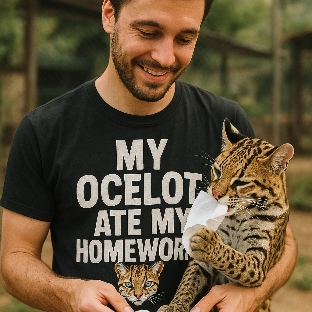 "My Ocelot Ate My Homework" ocelot t shirt - product photo 8