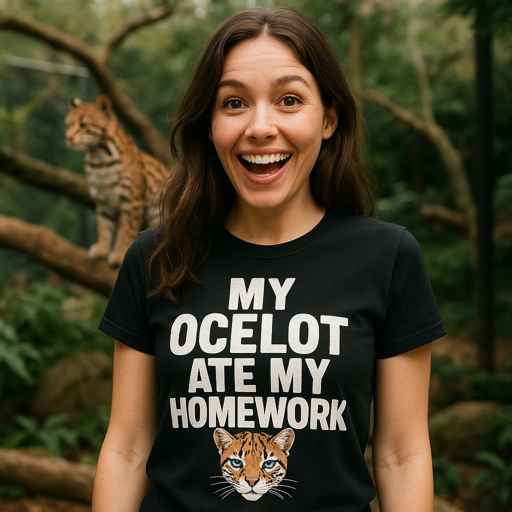 "My Ocelot Ate My Homework" ocelot t shirt - product photo 9
