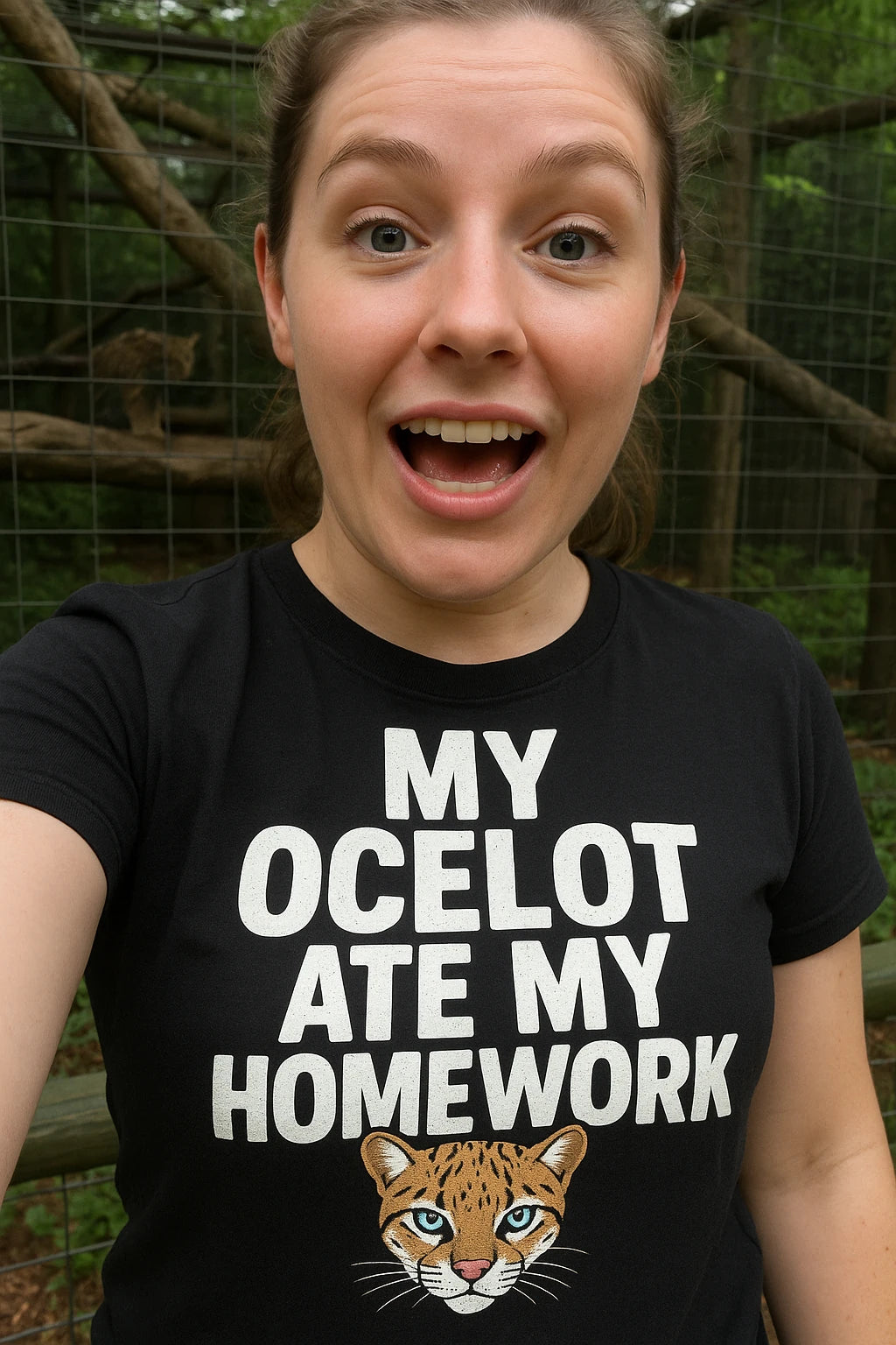 "My Ocelot Ate My Homework" black ocelot t shirt, photographed as ocelot lover gift