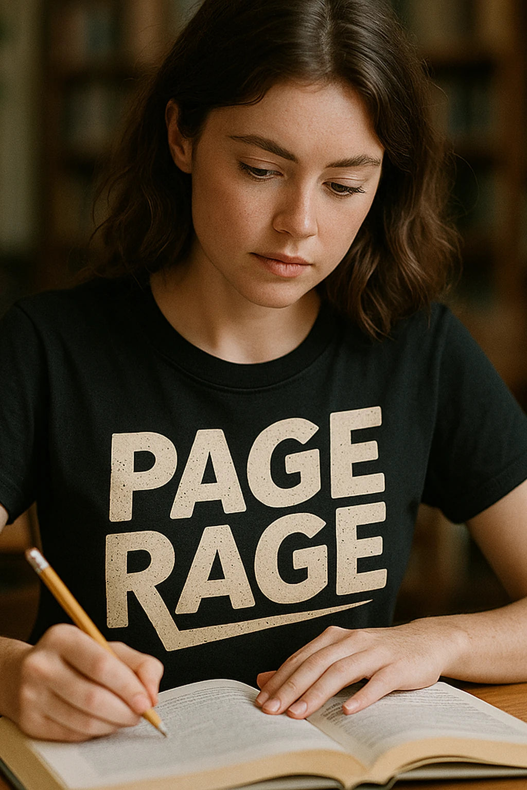 "Page Rage" black studying t shirt, photographed as studying lover gift
