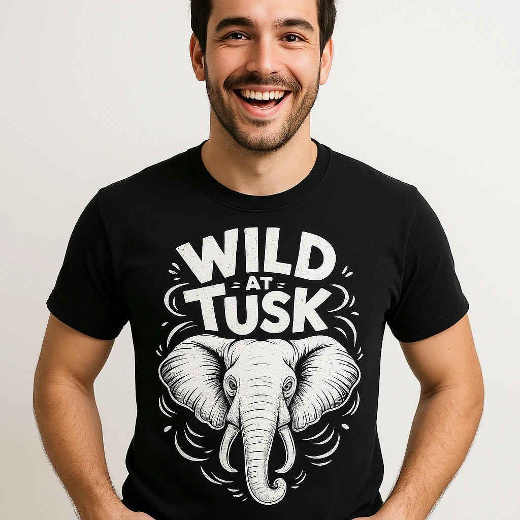 Close-up of the "Wild At Tusk" white print on a premium Bella+Canvas black elephant t shirt