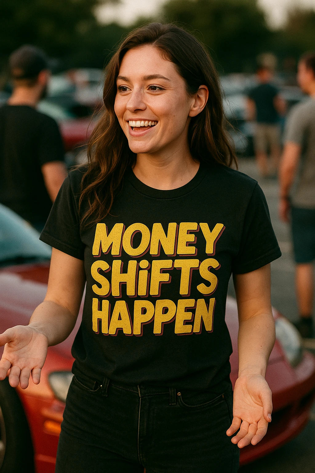 "Money Shifts Happen" black car tee shirts - also one of the cool gifts for car guys