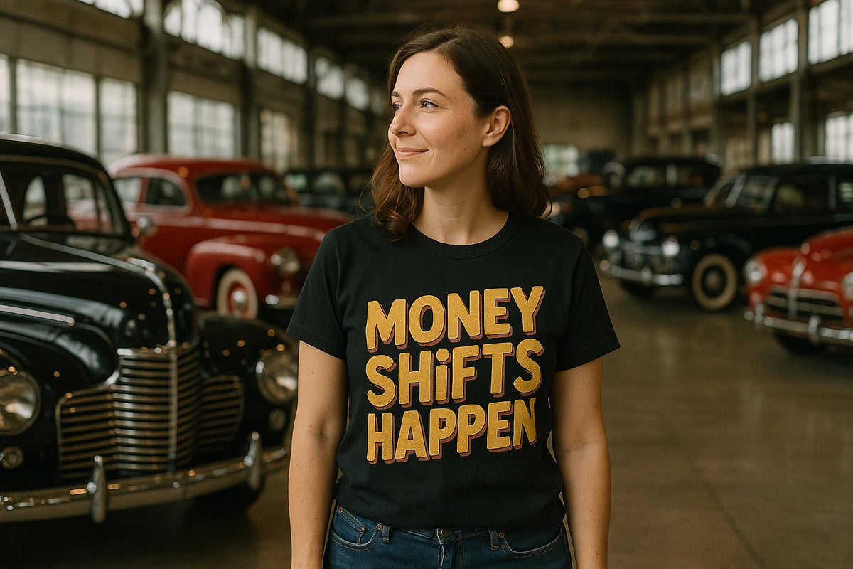 Lifestyle shot of the "Money Shifts Happen" black car tee shirts in a real-world setting
