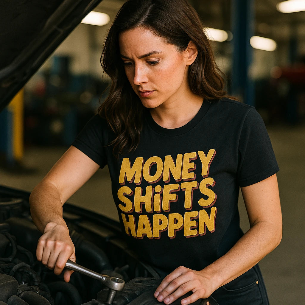 "Money Shifts Happen" car tee shirts - product photo 9