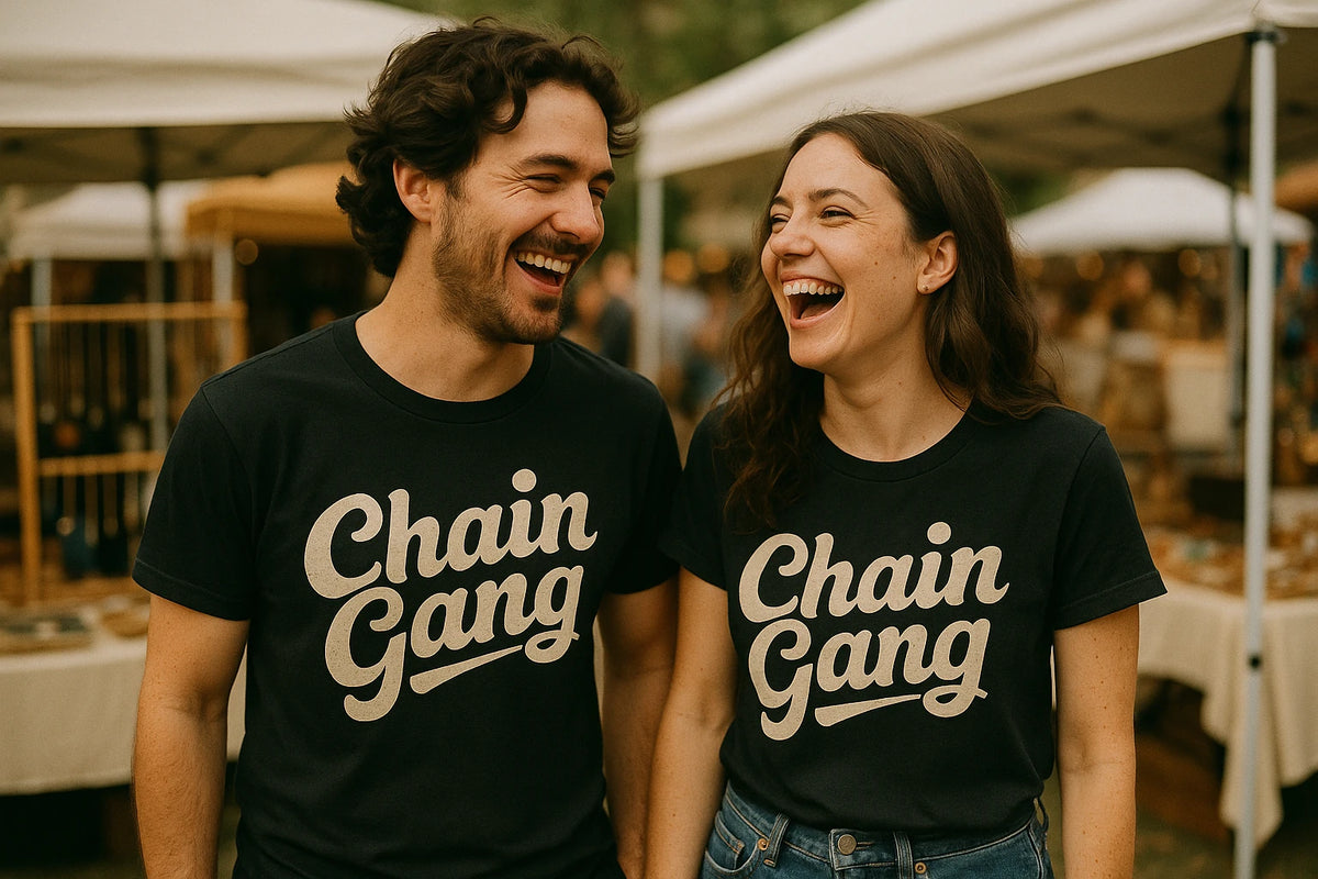 Person wearing the black jewelry making t shirt graphic tee - "Chain Gang" design