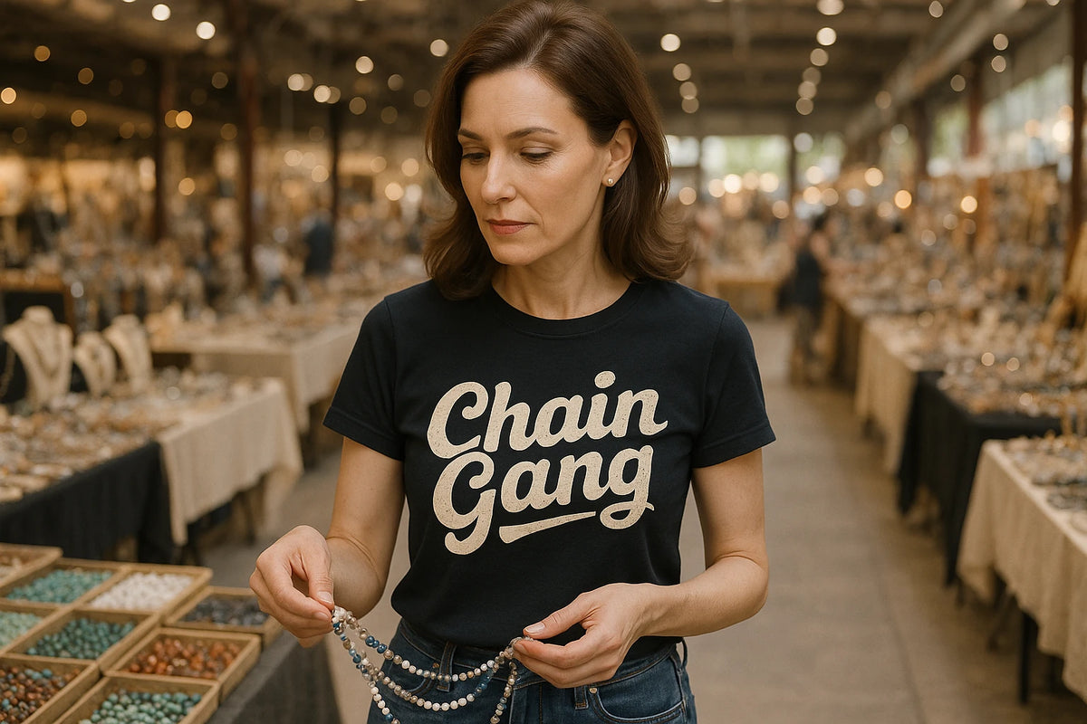 Lifestyle shot of the "Chain Gang" black jewelry making t shirt in a real-world setting