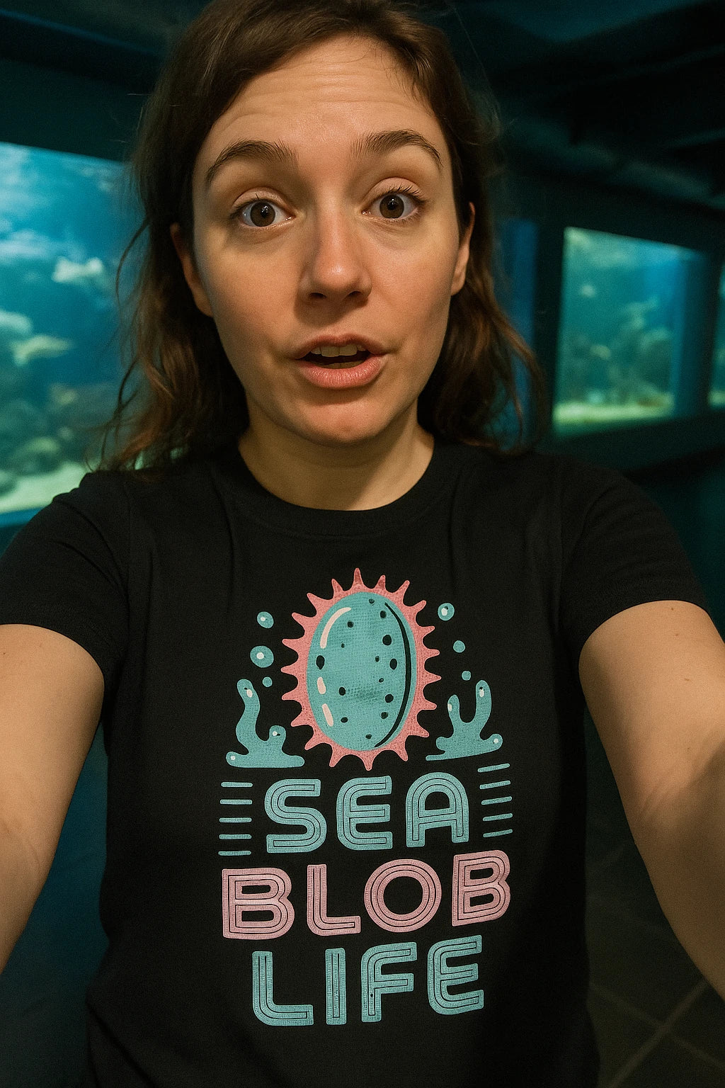 "Sea Blob Life" black sea cucumber t shirt, photographed as sea cucumber lover gift