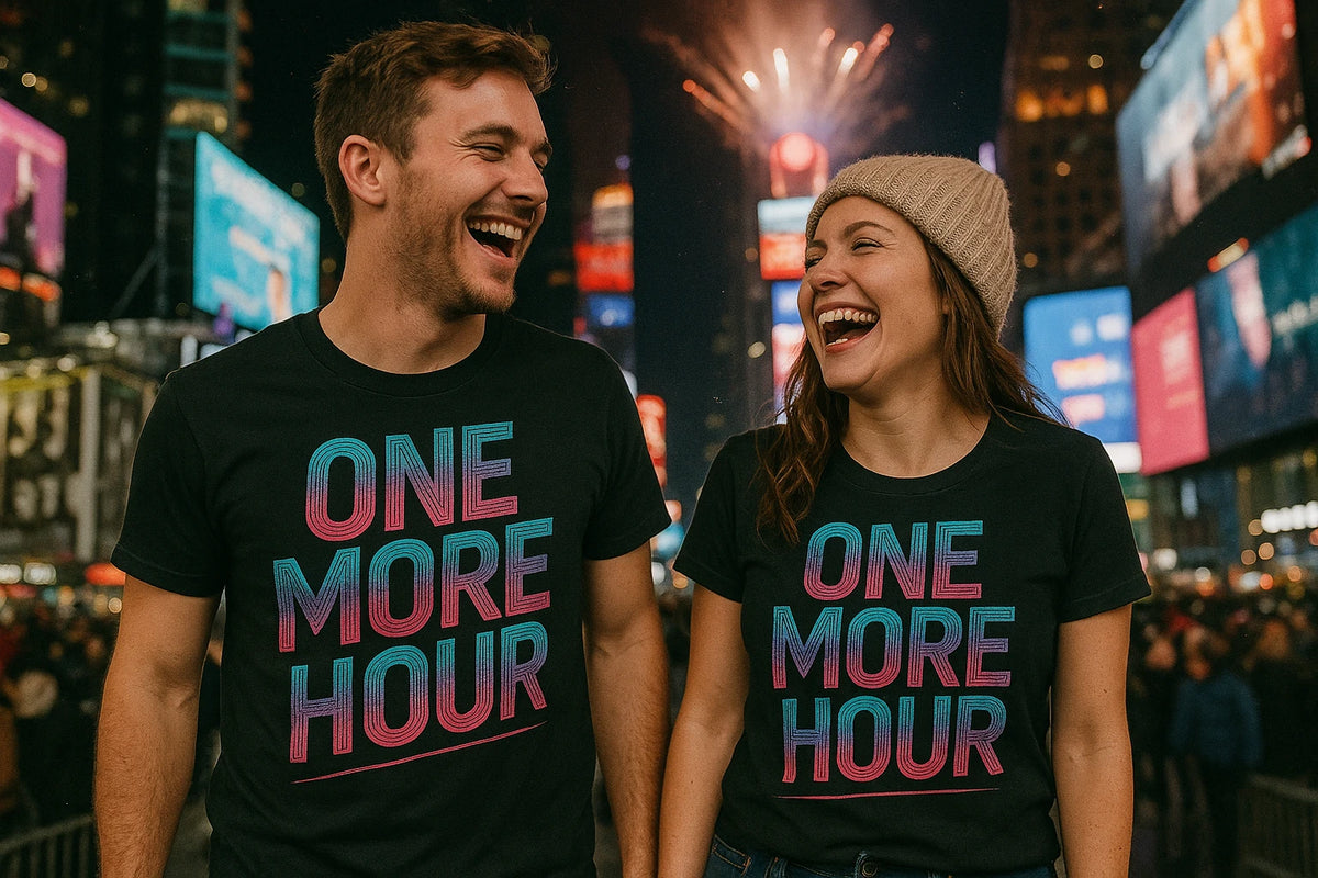 Person wearing the black funny new years eve shirts graphic tee - "One More Hour" design