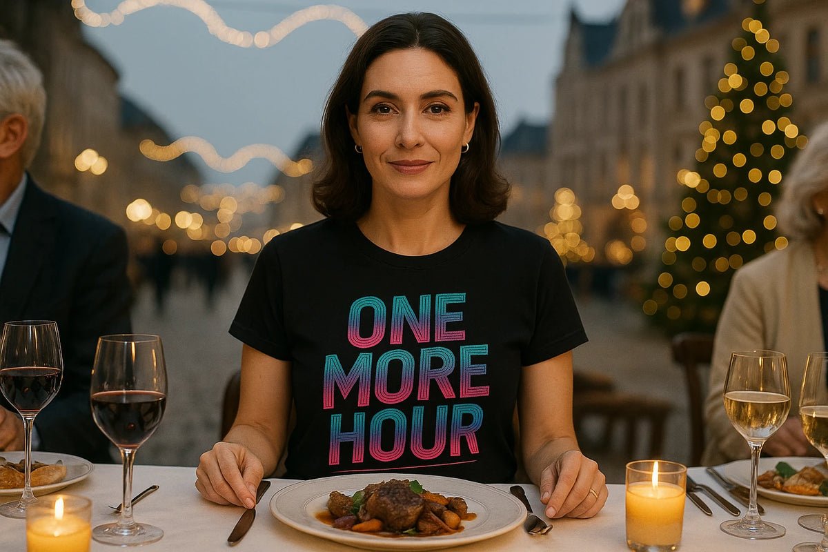 Lifestyle shot of the "One More Hour" black funny new years eve shirts in a real-world setting