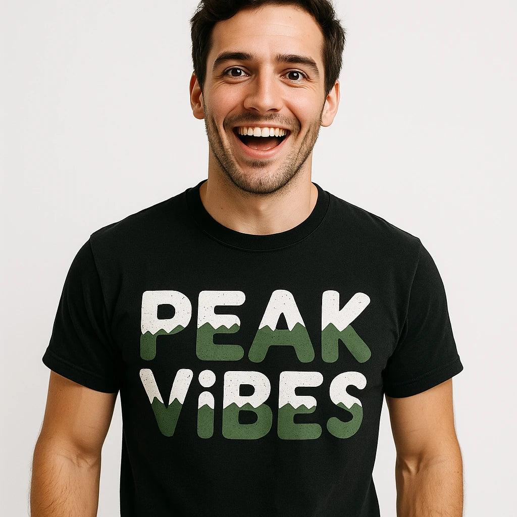 Lifestyle shot of the "Peak Vibes" black national park tee shirts in a real-world setting