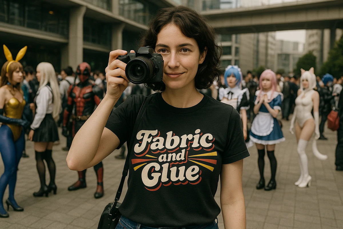 Lifestyle shot of the "Fabric and Glue" black cosplayers t shirt in a real-world setting