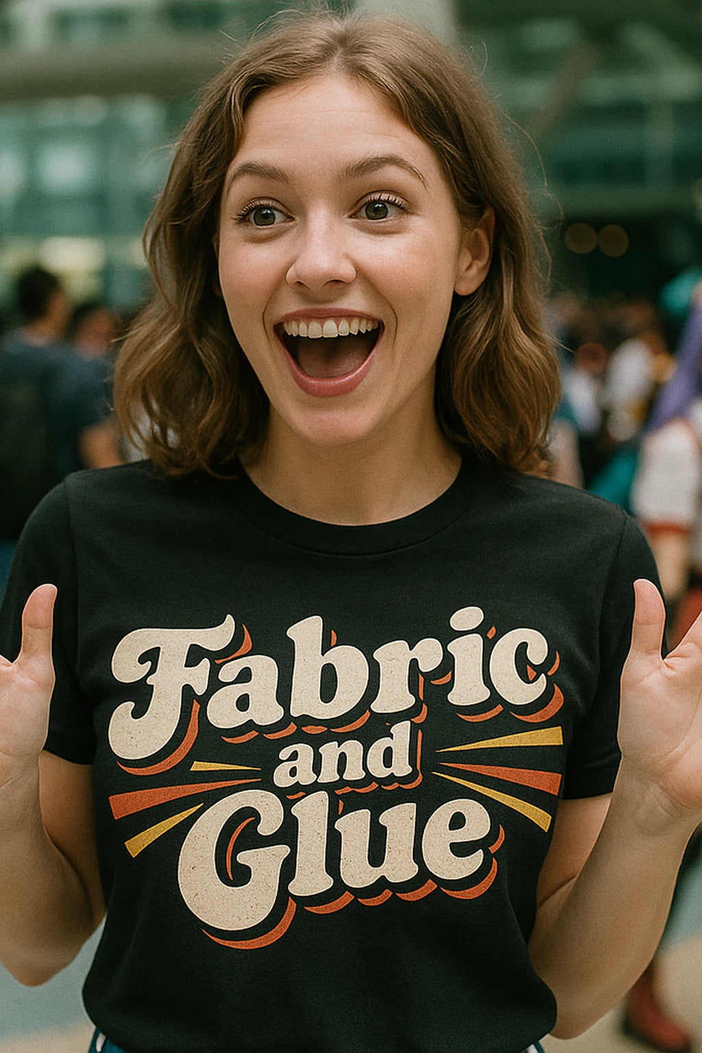 "Fabric and Glue" black cosplayers t shirt, photographed as cosplayers lover gift