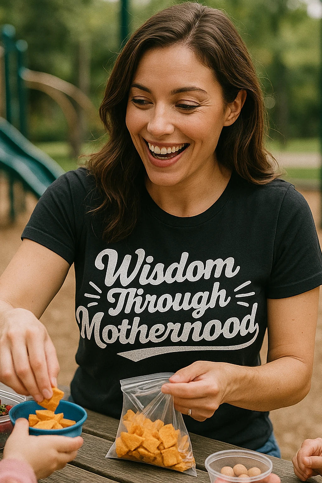 "Wisdom Through Motherhood" black mama life t shirt, photographed as mom life lover gift