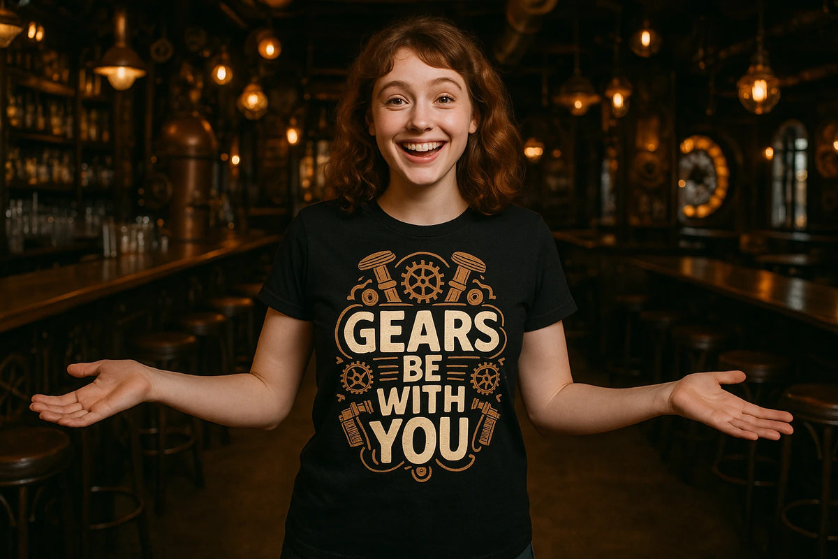 Lifestyle shot of the "Gears Be With You" black steampunk shirts in a real-world setting