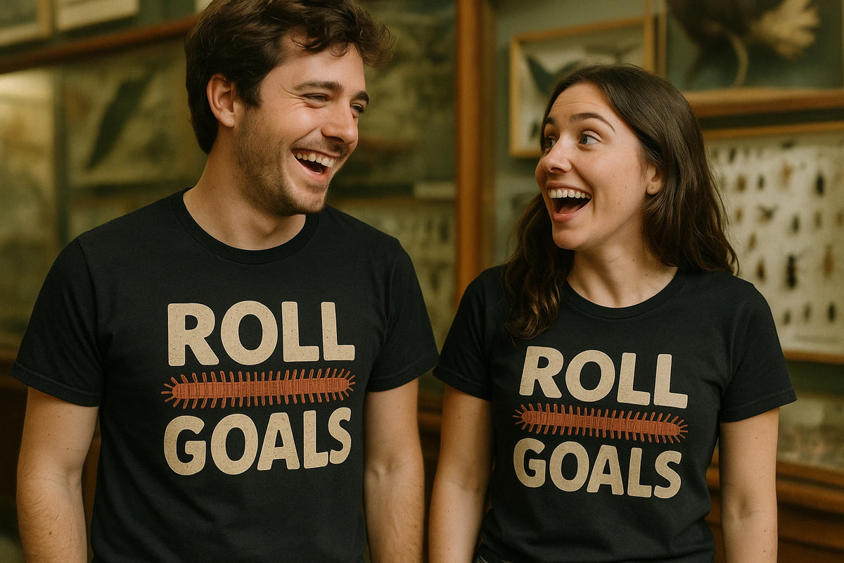 Person wearing the black millipede t shirt graphic tee - "Roll Goals" design